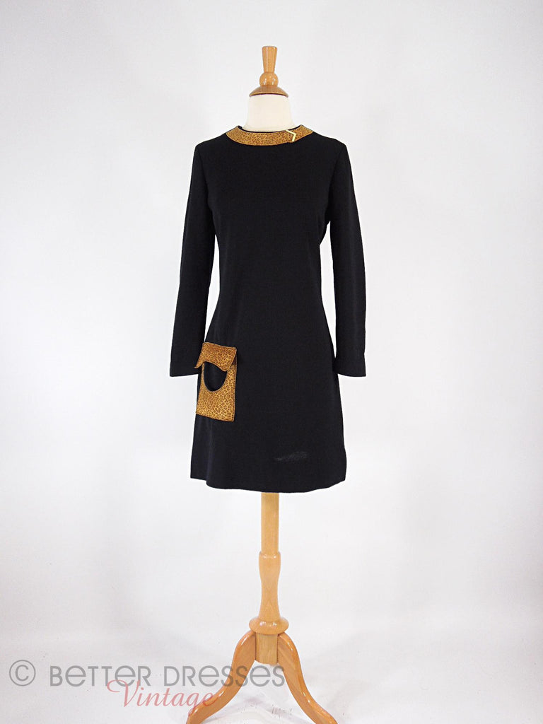 60s/70s Leopard Trim Black Mini Dress - front