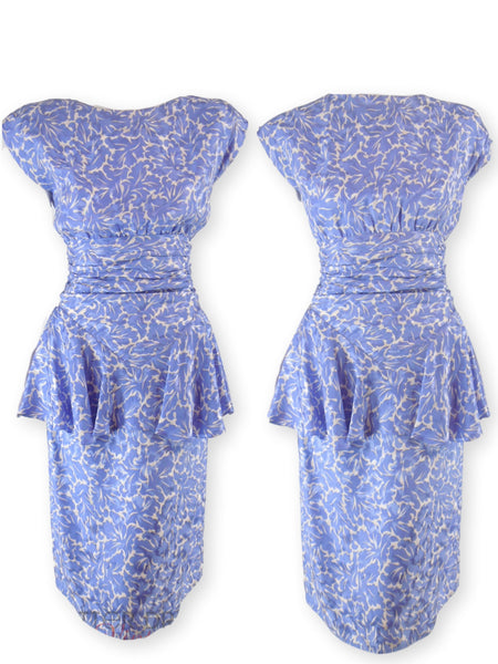 80s Peplum Dress in Silk Botanical Print