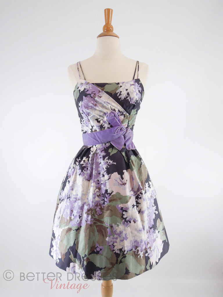 50s Purple Floral Party Dress - with crinoline