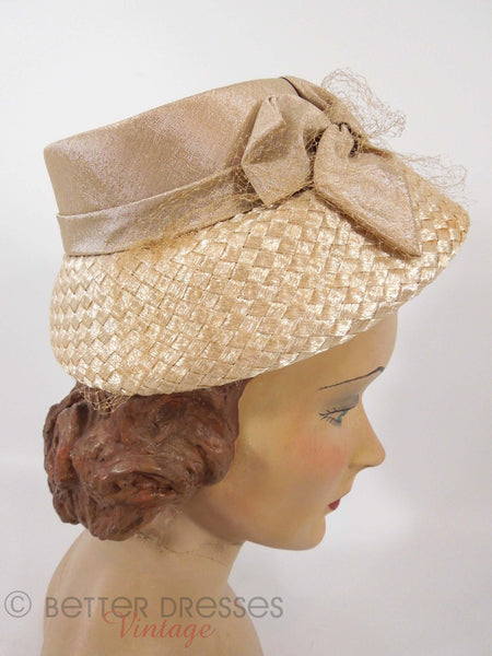 50s Cream Straw Veil Hat - right side
