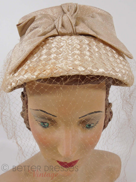 50s Cream Straw Veil Hat - front