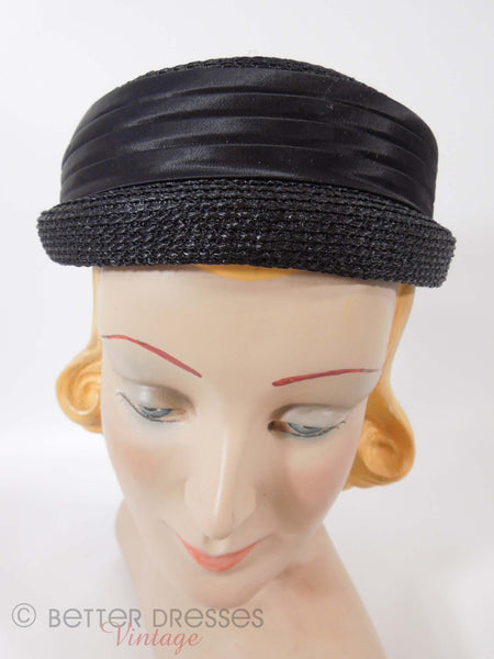 50s/60s Black Straw and Satin Hat - front