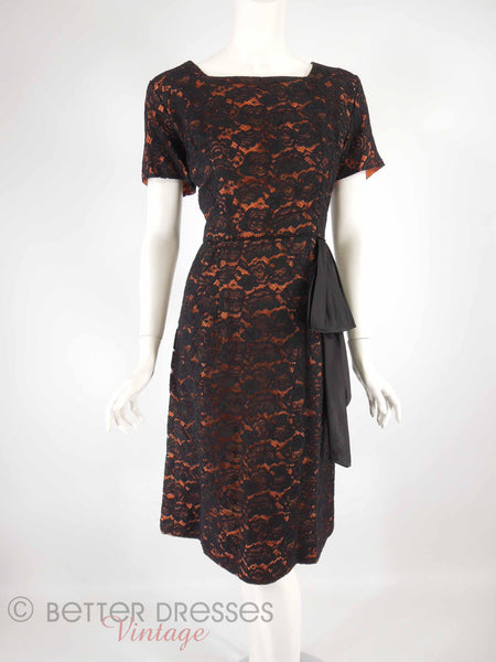 50s Black Lace on Orange Dress - front view