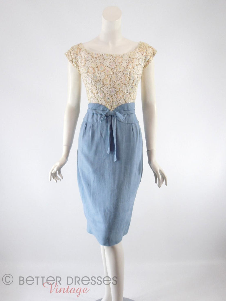 50s/60s Cream Sparkle and Blue Wiggle Dress - front