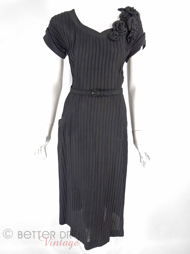40s/50s Black Crepe Dress With Roses - front