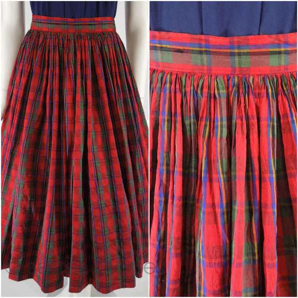 60s Red Plaid Silk Skirt - close up views