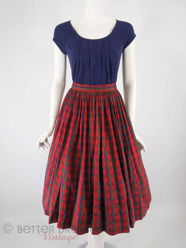 60s Red Plaid Silk Skirt - full view