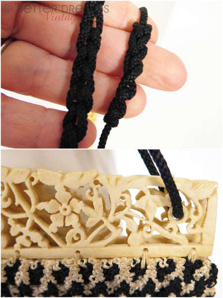 30s Carved Bone and Crochet Purse - details