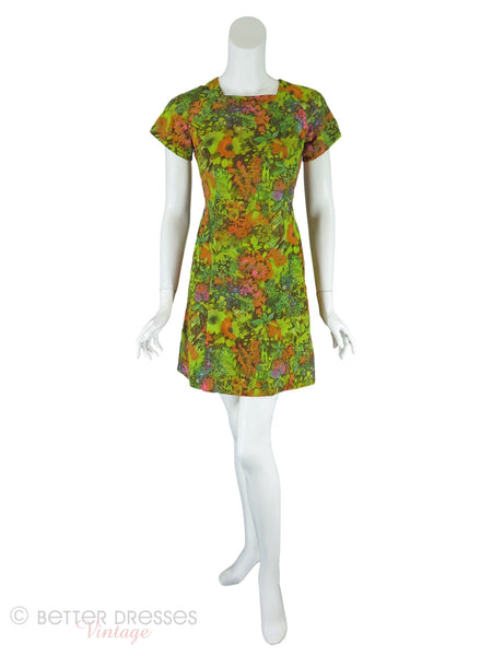 60s Acid Green Floral Mini Shift - front