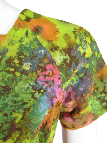 60s Acid Green Floral Mini Shift - detail