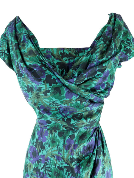 50s Green and Purple Silk Wiggle Dress - close
