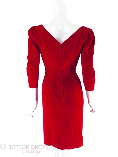 50s/60s Red Velvet Sheath Dress - Back view