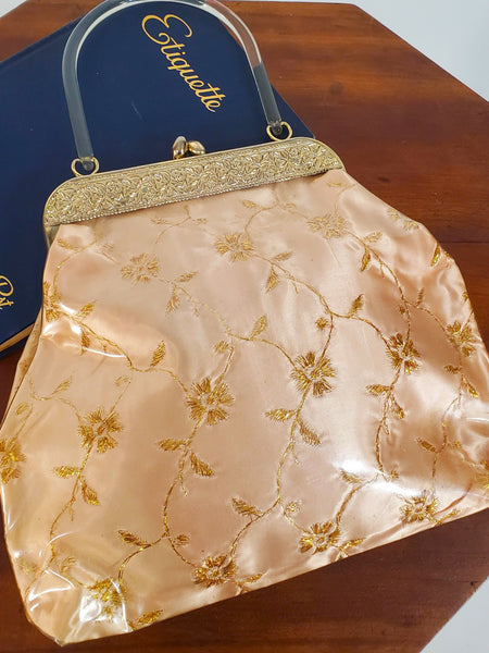 50s Vinyl Covered Peach Satin Handbag