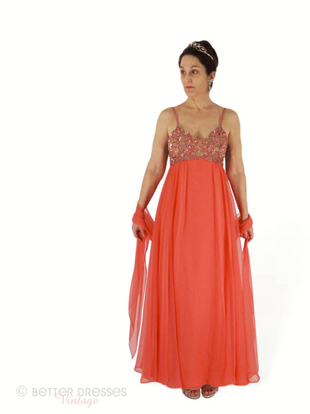 Robe des années 60/70 en mousseline de soie pêche par Mike Benet Formals