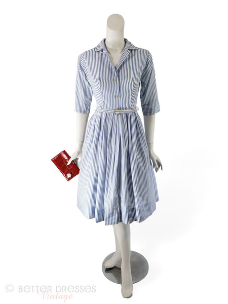 50s/60s Blue and White Striped Cotton Shirtwaist Dress