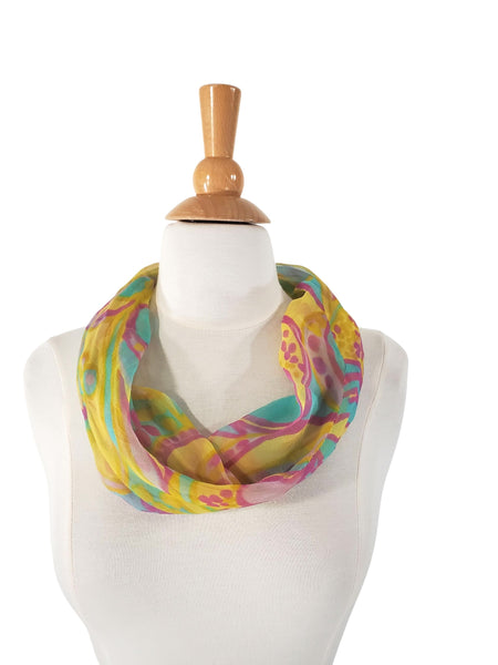 60s Sally Gee Silk Infinity Scarf in Bold Yellow Print