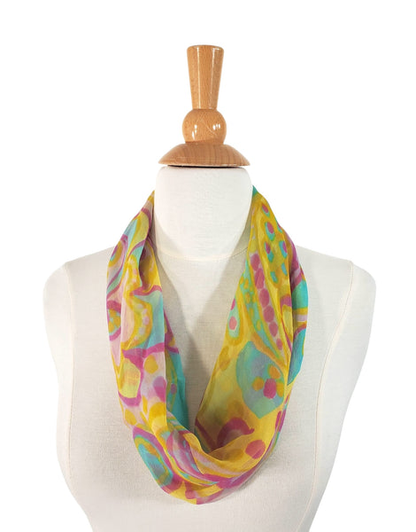 60s Sally Gee Silk Infinity Scarf in Bold Yellow Print