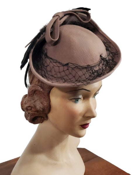 1940s Tilt Hat with Veil and Feathers