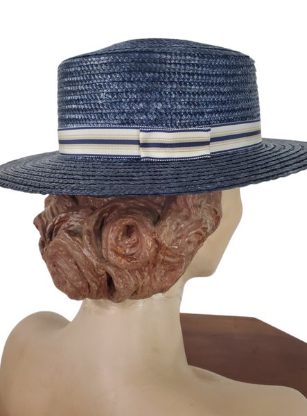 80s Navy Blue Straw Boater Hat – Better Dresses Vintage display picture 3