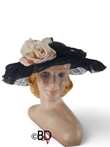 New Look Black Wide Brim Straw + Lace Hat