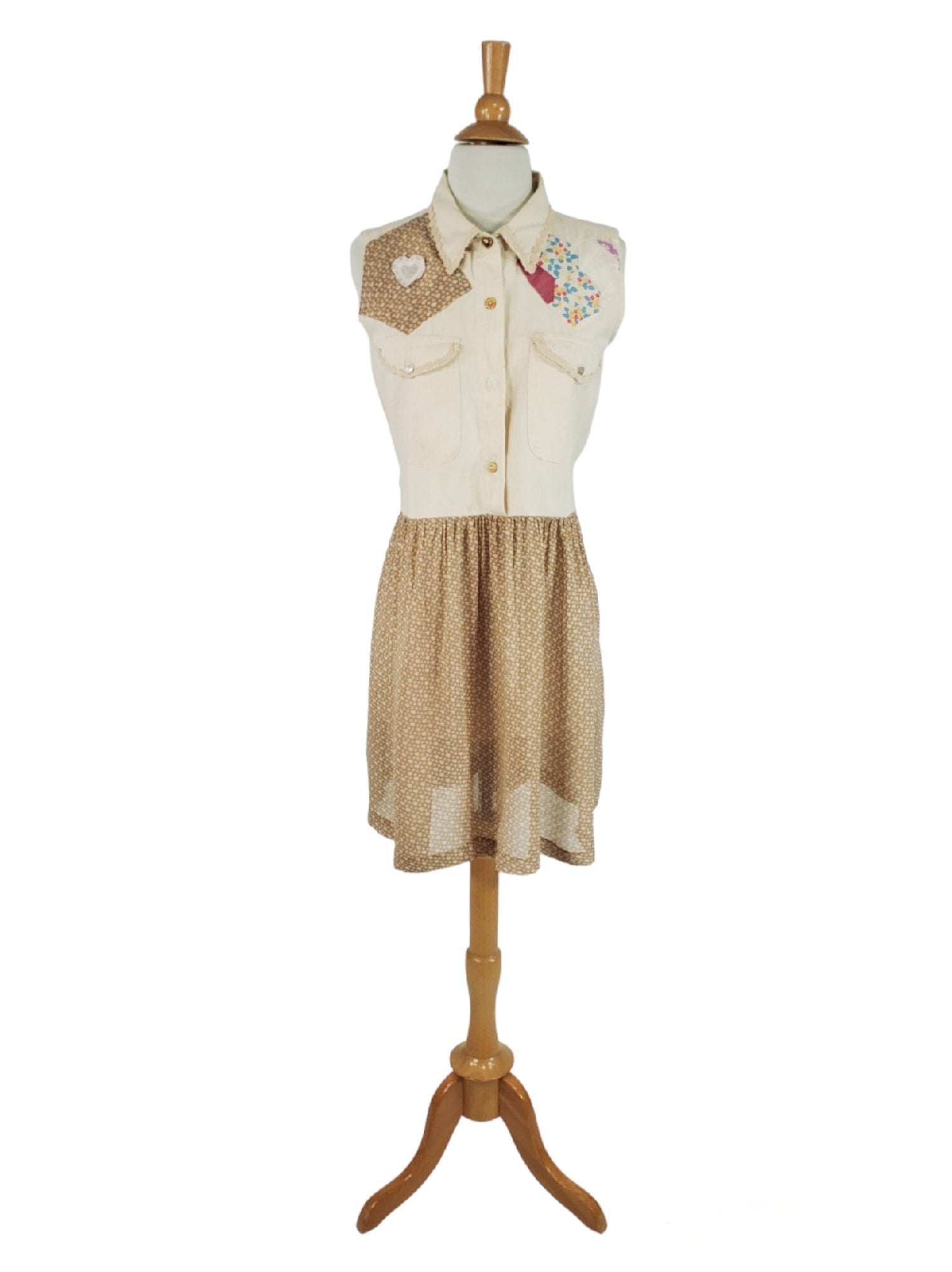90s Melinda Zoller Ivory Denim Patchwork Dress - med, LG 90s Melinda Zoller Ivory Denim Patchwork Dress - med, LG