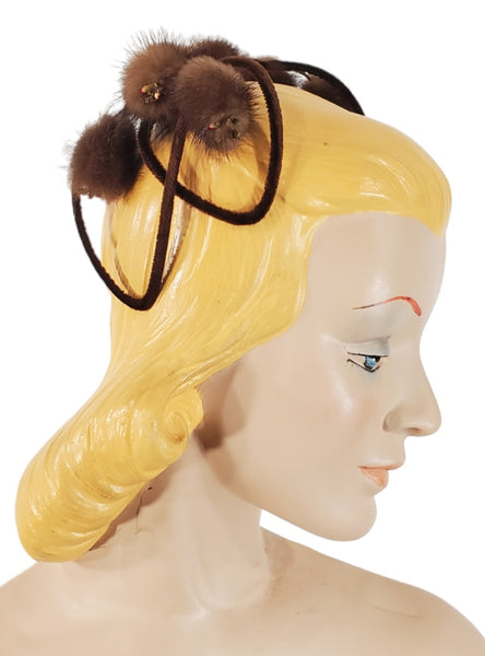 50s Hat - Brown Velvet and Fur Headpiece