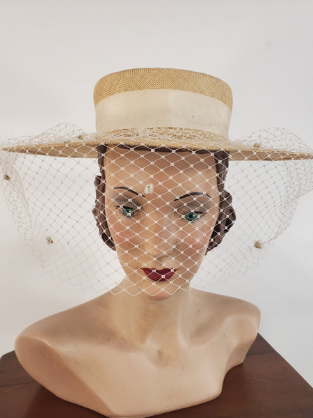 40s wide brim straw veil hat