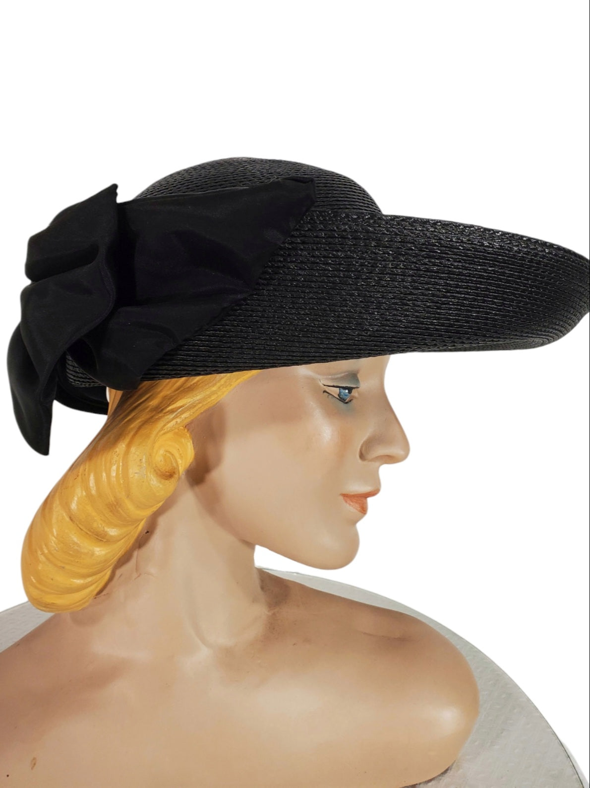 Vintage Wide Brim Hat Black & White Straw with Bows, 1960s, 14 inches, 21  inch head