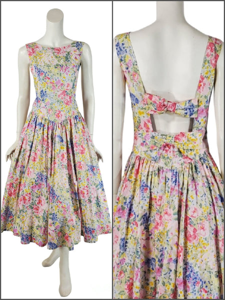 80s Floral Cotton Dress Front and Bk