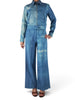 Front view of denim pantsuit, with top snap closed.