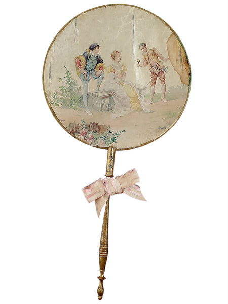 Decorative antique silk hand fan with vintage-style illustration on a white background