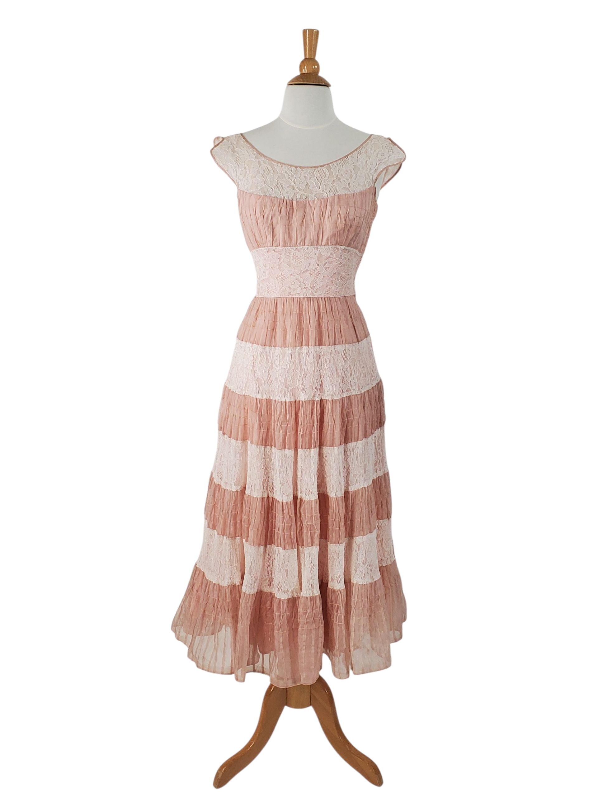 40s/50s Pink Silk and Lace Party Dress - sm 40s/50s Pink Silk and Lace Party Dress - sm