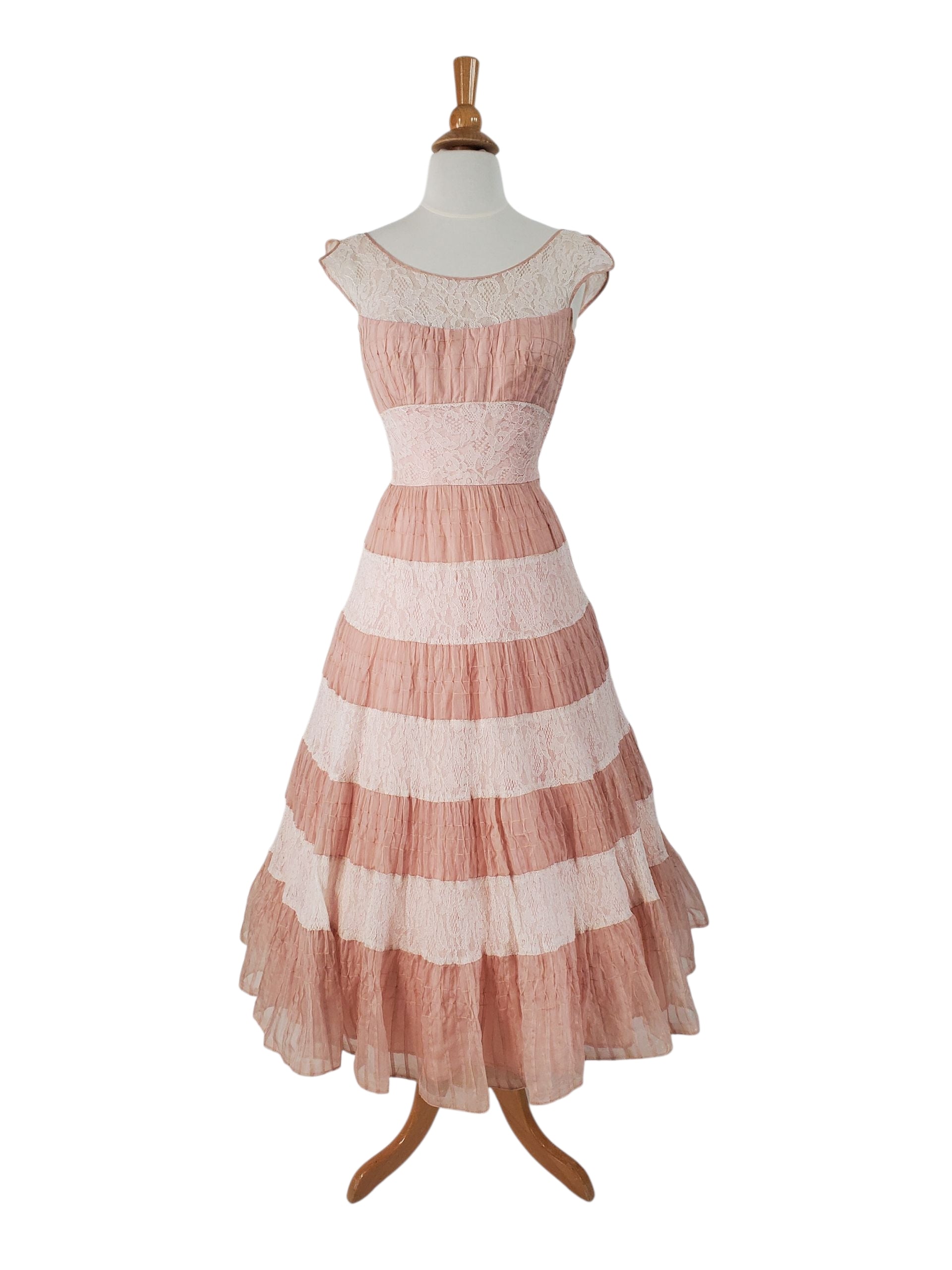 40s/50s Pink Silk and Lace Party Dress - sm 40s/50s Pink Silk and Lace Party Dress - sm