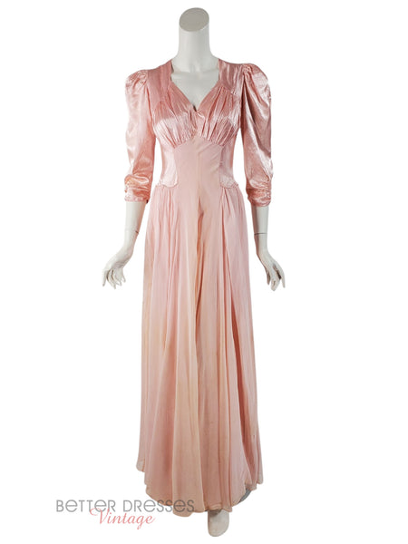 40s Peach Pink Satin and Crepe Gown - AS IS - sm