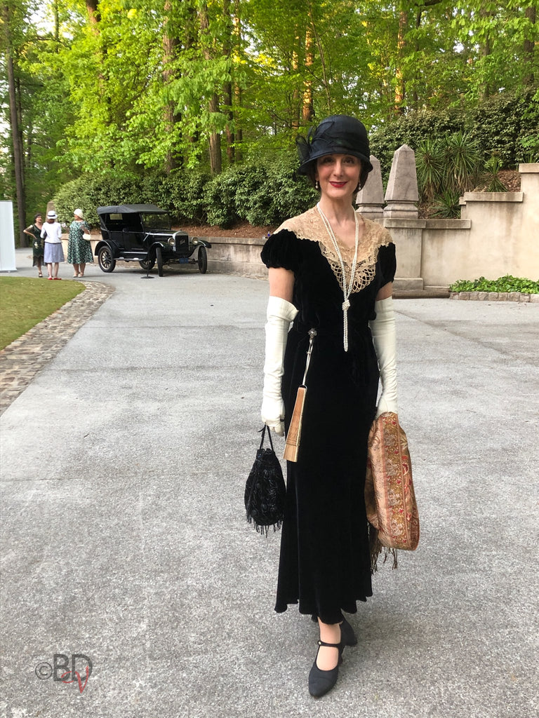 30s Black Velvet Puff Sleeve Evening Dress With Lace – Better Dresses