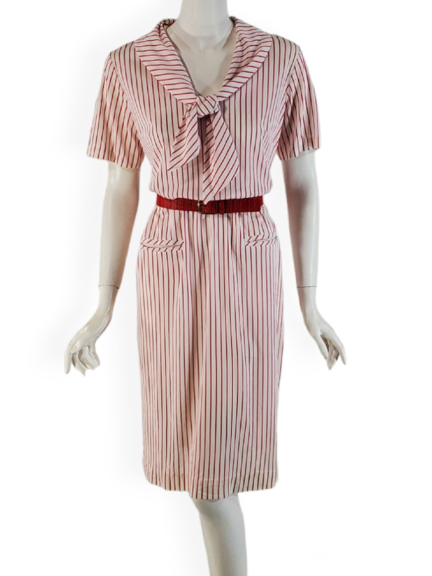 60s Does 20s Red Stripes Shift Dress With Tie Collar - med, LG 60s Does 20s Red Stripes Shift Dress With Tie Collar - med, LG