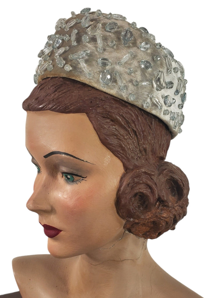 60s Jeweled Silver Velvet Pillbox Hat
