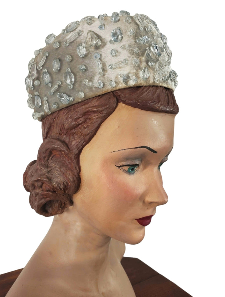 60s Jeweled Silver Velvet Pillbox Hat Better Dresses Vintage