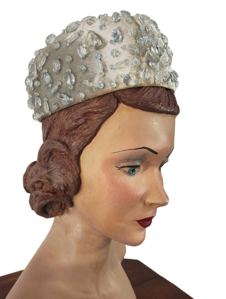 60s Jeweled Silver Velvet Pillbox Hat