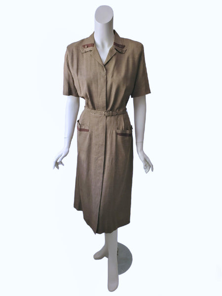 50s taupe brown slim shirtwaist dress