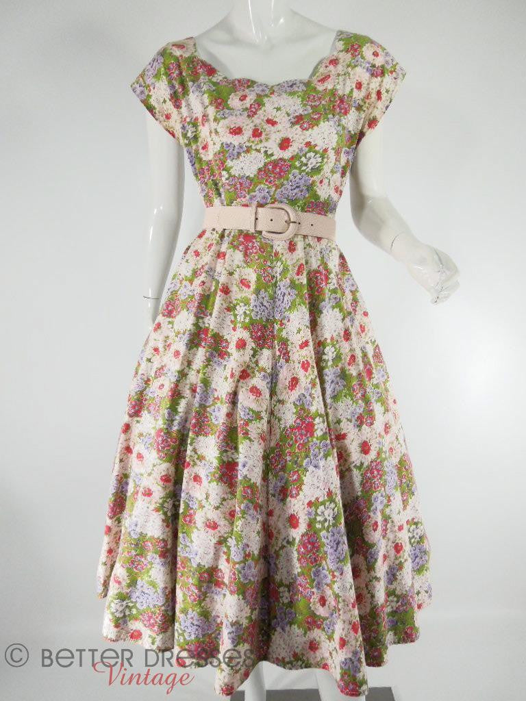 Vintage 50s Floral Day Dress With Circle Skirt