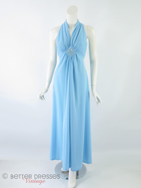 70s Sky Blue Maxi Dress - front