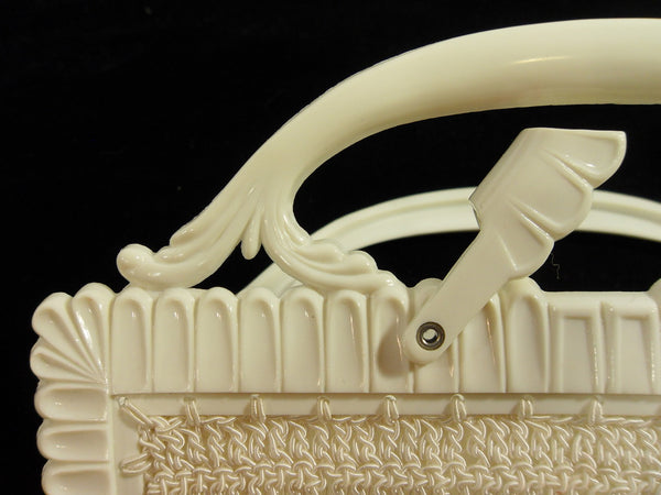 Sac à Main Blanc Crocheté En Papier Mâché Avec Anses En Osier - Fourre-tout 40x30cm - Occasion Très Bon état