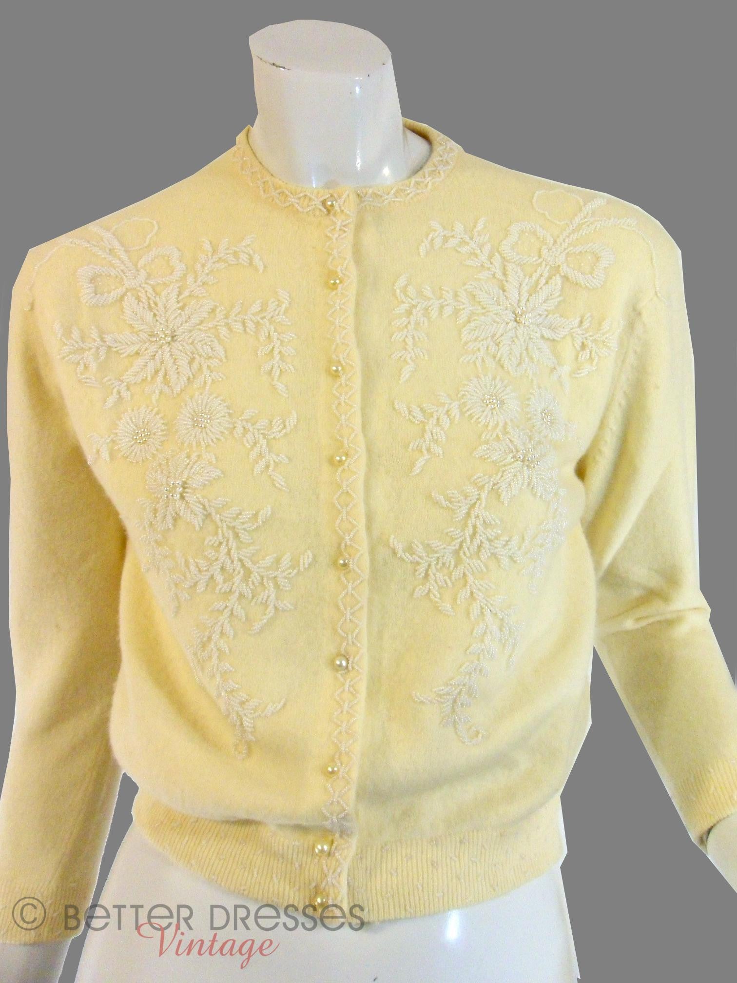 Vintage 1950s Beaded Cardigan Cashmere Sweater in White on Cream Better Dresses Vintage