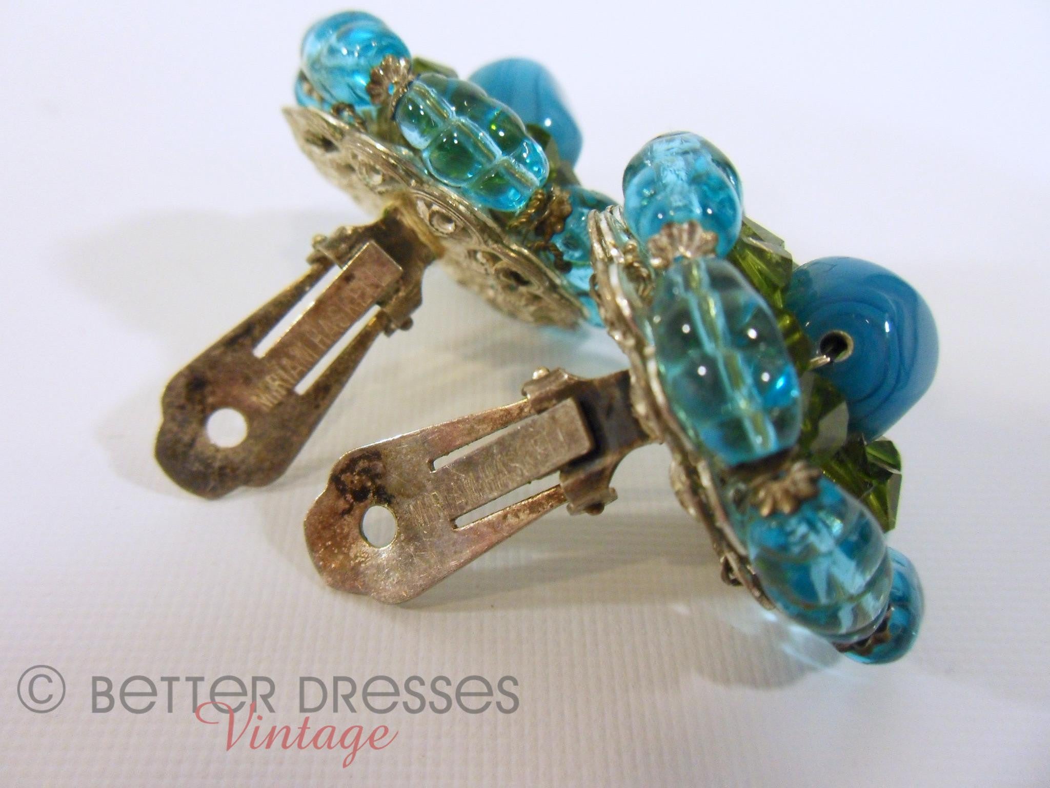 1950s Miriam Haskell Clip On Earrings in Blue and Green 