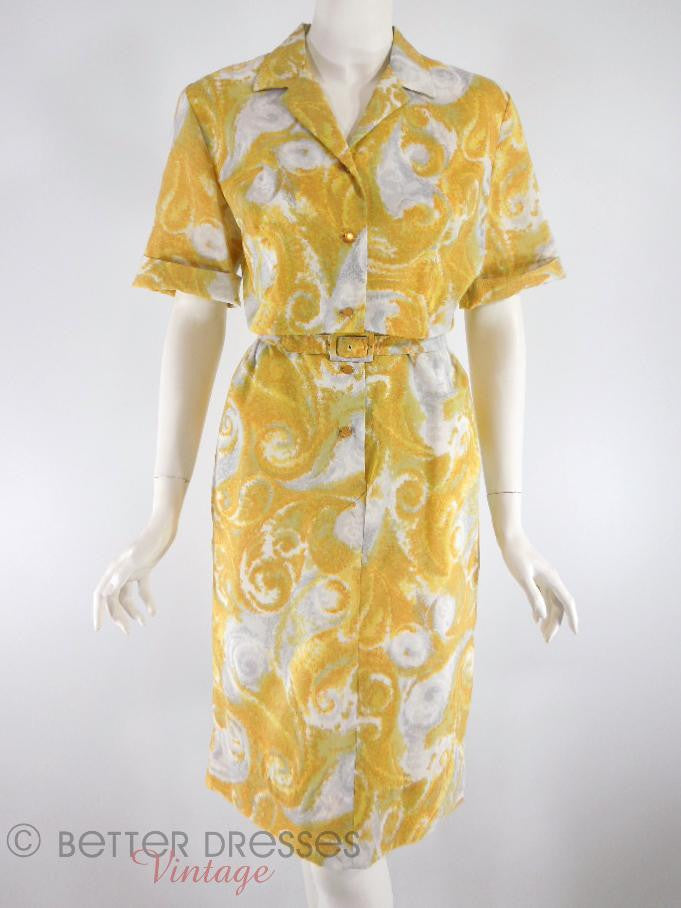 50s/60s Yellow + Gray Shirtwaist Dress - front