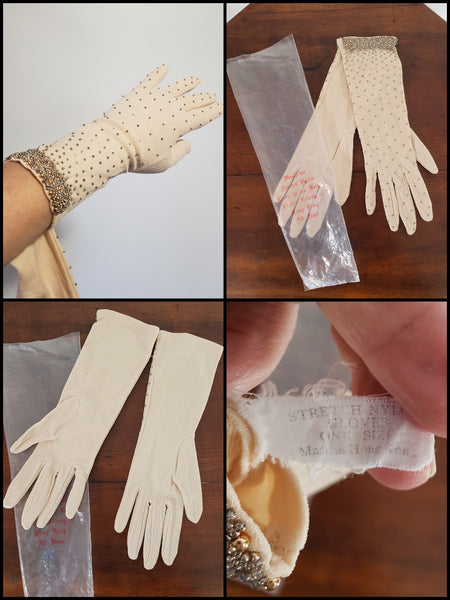 50s 60s beaded gloves details and tag