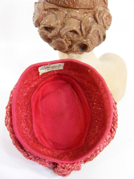 Vintage 60s Fuchsia Pink Straw Turban Hat from Regenstein display picture 1