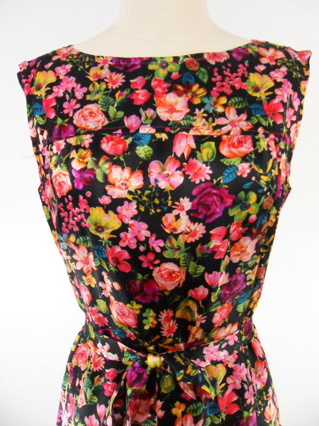 Sir James bright floral silk shift dress. Close view. BDV