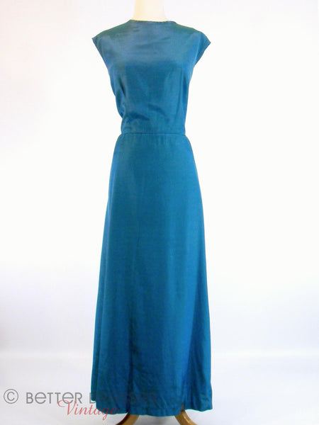 60s Peacock Blue Iridescent Gown at Better Dresses Vintage